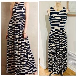 Anthropologie Sunday In Brooklyn Navy & Ivory Maxi Geometric Print Dress, Medium
